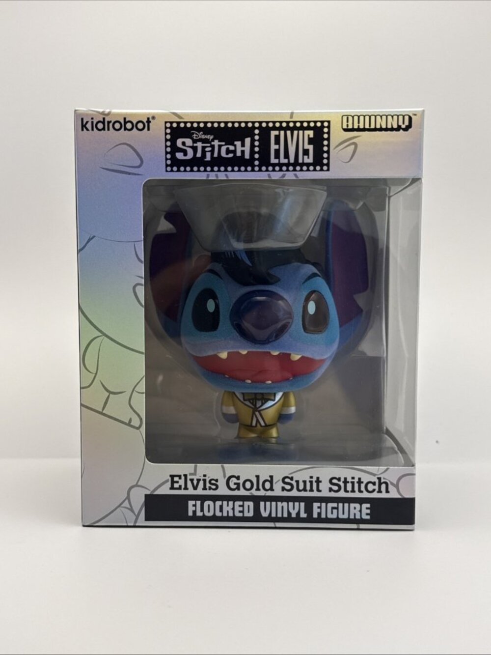 2024 Kidrobot Bhunny STITCH-ELVIS Gold Suit 4” Flocked Vinyl Figure New Open Box